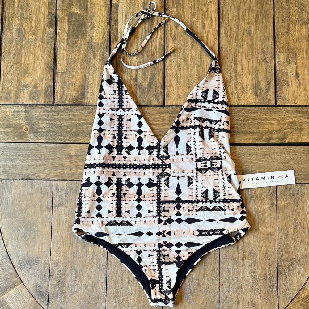 Vitamin A Black and Cream Patterned One Piece